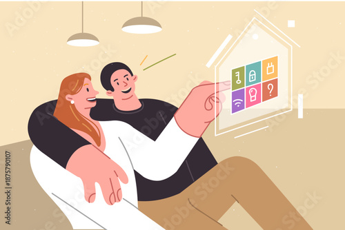 Couple controls smart home sitting on couch, clicking on virtual sensor to control iot devices