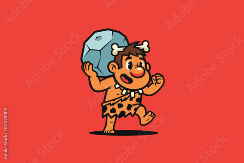 Cartoon caveman character carrying a large rock.