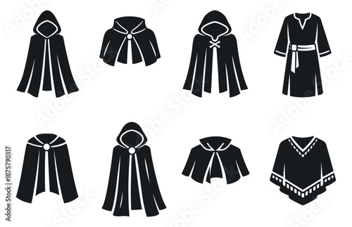 Graphic capes and cloaks set featuring hooded garments, medieval robes, and ponchos for costume and fantasy projects