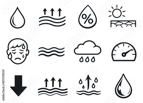 Line art water and climate set featuring drops, evaporation, sweat, dry skin, and rain for environmental and health indicators