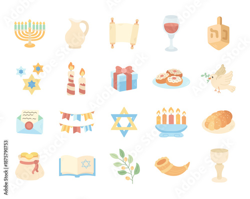 Traditional Hanukkah celebration set in scandinavian style featuring jewish holiday symbols dreidel, torah scroll, kiddush cup, sufganiyot, gift, shofar, challah, garland