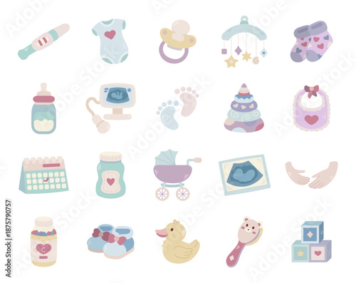 Pregnancy maternity newborn essentials set in scandinavian style featuring baby care items nursery parenthood timeline toys feeding hygiene mobility ultrasound