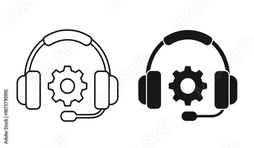 Black and white line icons of headsets with gear for customer service or technical support