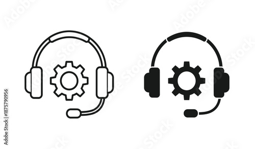 Black and white headset icons with gear symbol inside, representing technical support or customer service concepts