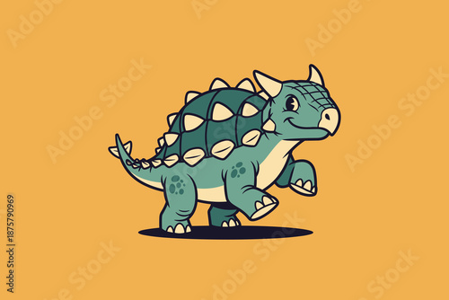 Cute Cartoon Ankylosaurus Dinosaur Walking.