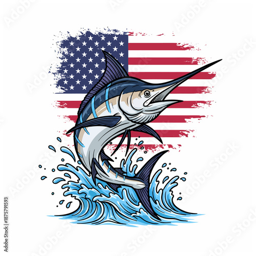 Marlin fish jumping with American flag background and ocean waves