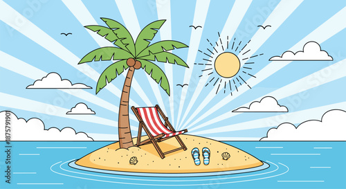 Relaxing beach vacation scene features a lounge chair and flip-flops on a sandy island with a palm tree under a bright sun.