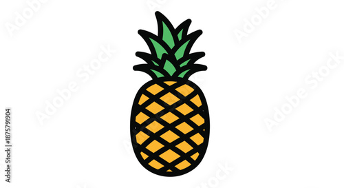Tropical pineapple fruit illustration uses a flat design style with vibrant orange skin and green leaves on a white background.