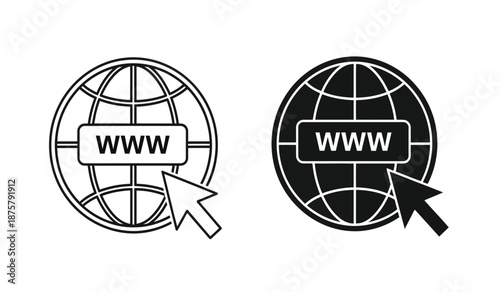 Black and white line art illustrations of a globe with a world wide web address