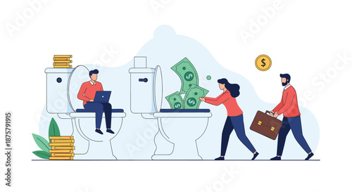 Business people wasting financial resources by throwing green banknotes into white porcelain toilets in a modern office.