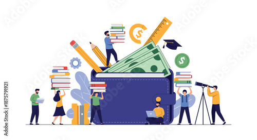 Educational expenses and student financing represented by a large purple wallet filled with money and various school supplies.