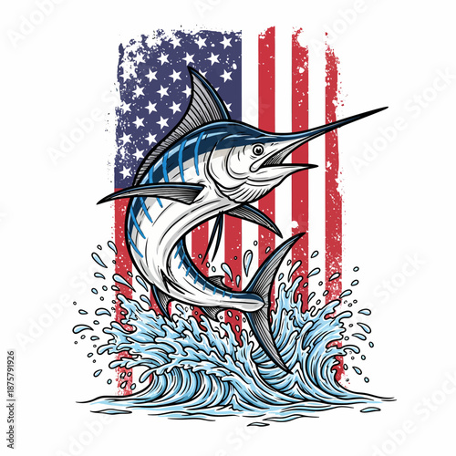 Marlin fish jumping with American flag background and ocean waves
