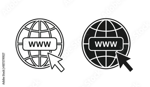 Black and white line icons of globe with www url on screen