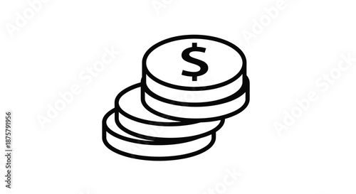 Simple black and white line art icon depicting a stack of three silver or gold coins with a prominent dollar sign.