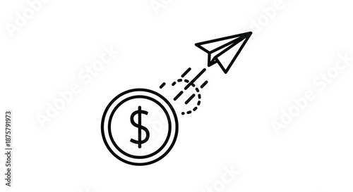 High-flying financial success and investment growth represented by a dollar coin launching into the sky like a paper plane.