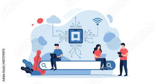 Group of digital specialists searching for information around a large search bar with a computer processor and microchip.