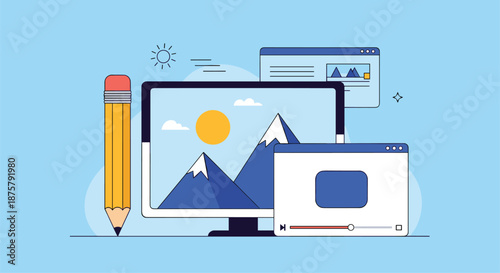 Digital content creation and graphic design represented by a computer screen showing mountain scenery and video player window.