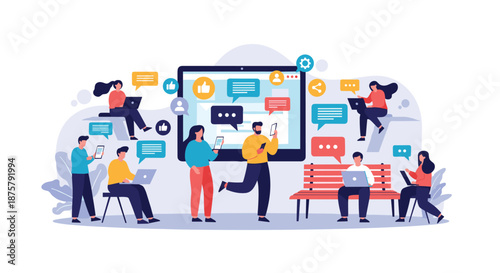 Diverse group of people using laptops and smartphones to communicate and share content in a large social media network.