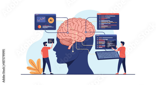 Artificial intelligence and neural network development concept showing researchers working with a large human brain and code.