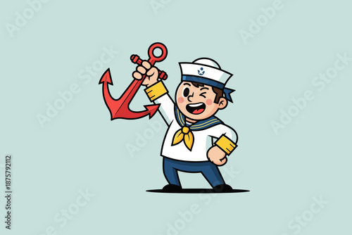 Cute cartoon sailor boy holding a red anchor.