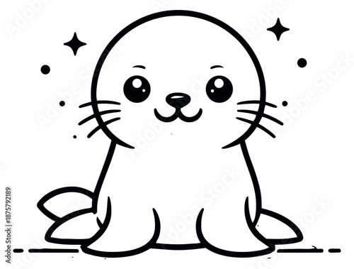 Kawaii line art illustration of a baby seal pup depicting a cute, sparkling, and friendly look for children's animal themes