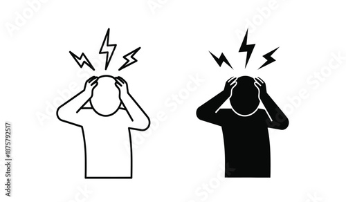 Two people covering their ears with hands and experiencing pain from loud noises with lightning bolts