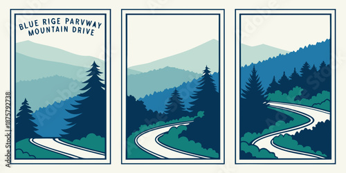 Blue Ridge Parkway Scenic Drive – Minimal Vector Set of Winding Mountain Roads, Pine Forests, and Layered Hills