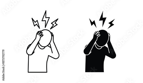 Vector illustrations of stressed people with lightning bolts above their heads in black and white