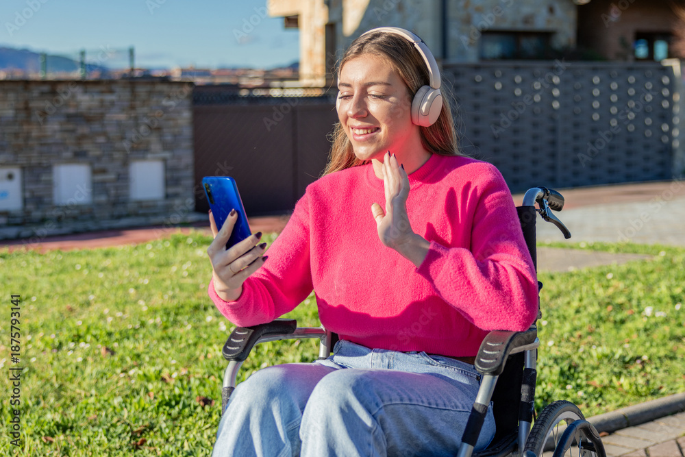 Fototapeta premium Young woman in wheelchair video calling with smartphone
