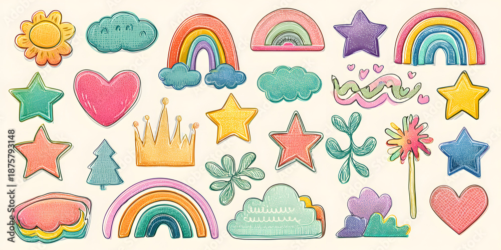 Fototapeta premium Childish crayon and scrapbook stickers on rippled paper with rainbows creative background flat lay