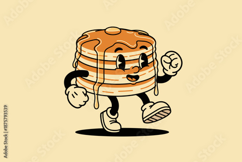 Retro Cartoon Pancake Character Walking Joyfully.