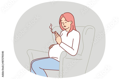 Pregnant woman smokes cigarette, sitting in chair and risks health child due to nicotine addiction