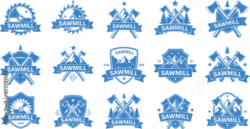 Blue sawmill-themed logo set with axes, blades, trees, and banners for forestry, lumber branding, and woodworking identity visuals