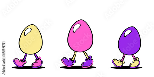 vector illustration of cute walking easter egg characters with legs in colorful cartoon , isolated on white background for kids, holiday and spring design