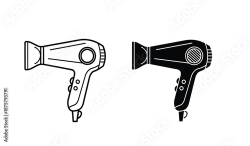 Black and white hair dryer icons in line art style for beauty and haircare concepts
