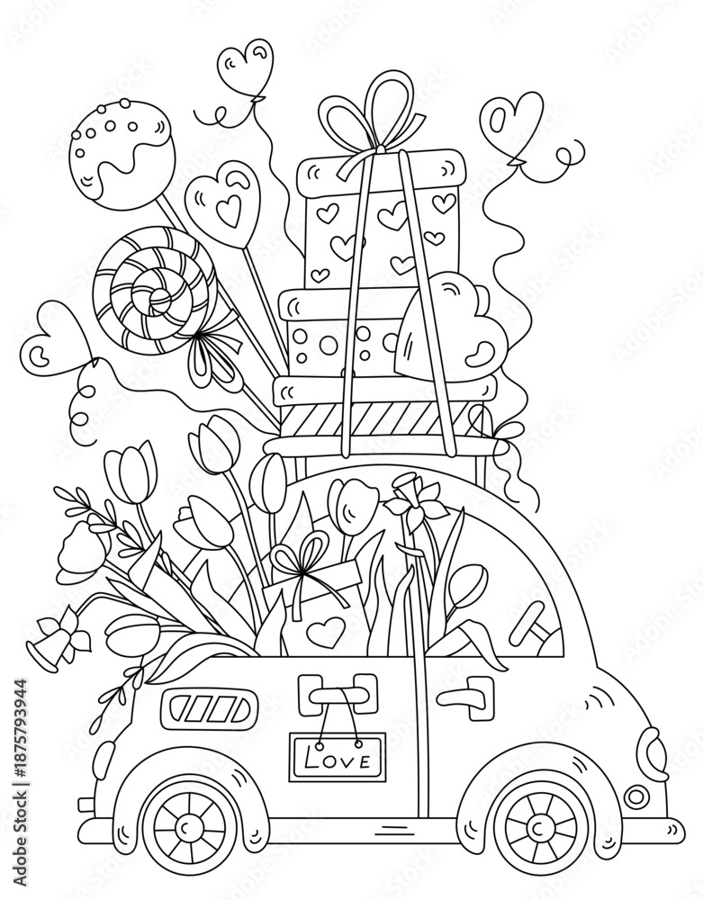 Naklejka premium Candy And Flower Machine For Valentine's Day And Coloring For Adults And Children