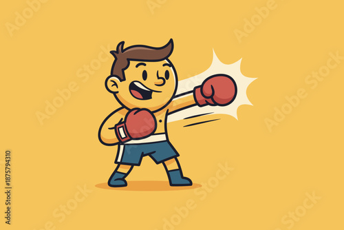 Cartoon Boxer Boy Punching with Red Gloves.