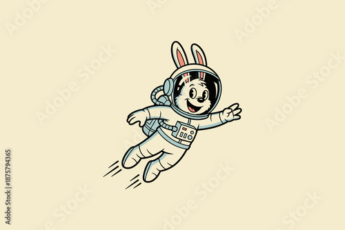 Cute cartoon bunny astronaut floating in space.