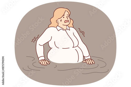 Business woman drowning in water needs help, symbolizing overload at work and lack of prospects