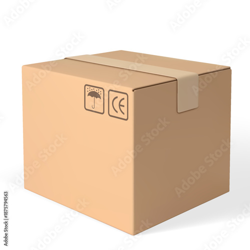 A closed brown cardboard box with shipping symbols.