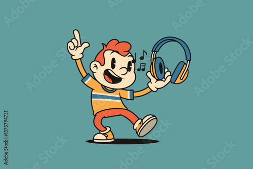 Retro Cartoon Boy Dancing with Headphones and Music Notes.