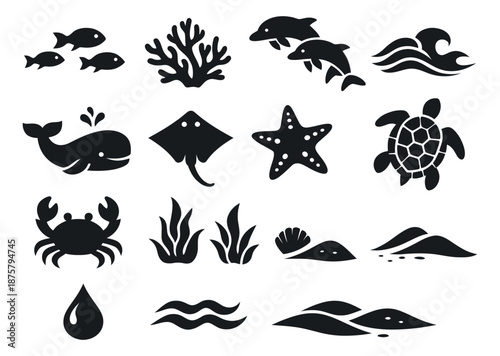 Minimalist black silhouette marine life icons set featuring fish, dolphins, crab, coral, and other sea elements for aquatic designs and educational materials