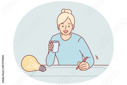 Woman designer draws idea for architectural project on paper, sitting at table with cup of coffee
