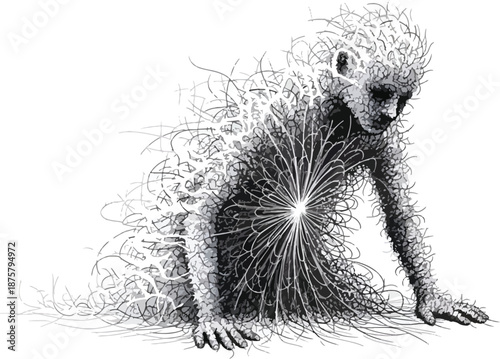 Black and white figure dissolving into wispy lines with central bright burst