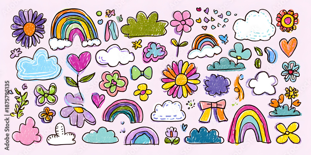 Fototapeta premium Crayon child drawing of clouds flowers and rainbows on paper creative art minimalist