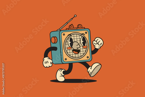 Retro Cartoon Radio Character Walking Happily.