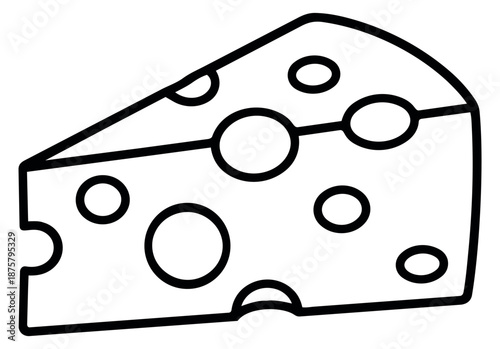 Hand drawn line art illustration of a cheese wedge depicting holes for food and dairy concepts