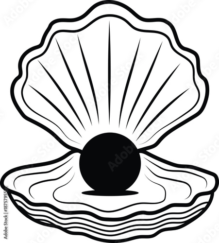 Open oyster shell with pearl silhouette line art icon