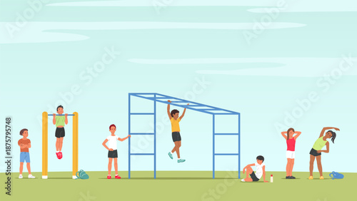 Children outdoor workout banner with kids exercising on playground