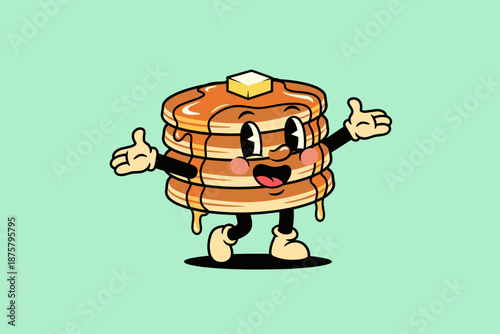 Retro Cartoon Pancake Character with Syrup and Butter.